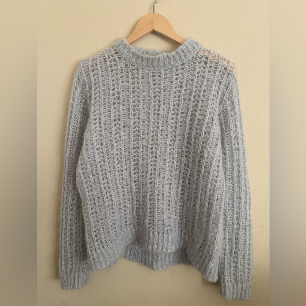 Sandro Paris Mohair Knit Open Weave Chunky Crew Neck Scoop Gray Sweater